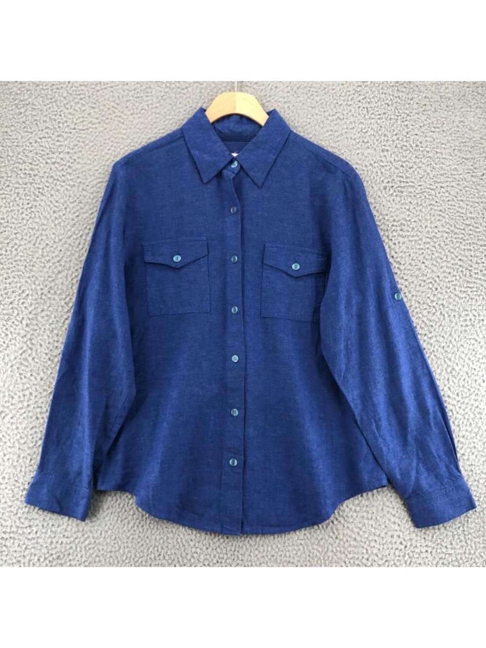 Coldwater Creek Shirt Womens Medium Blue Linen Blend Collar Long Roll Tab Sleeve